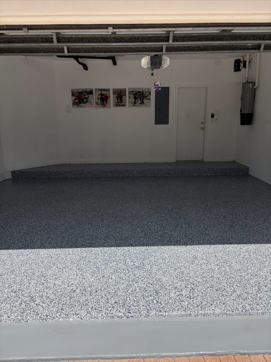Finished flake epoxy garage floor after installation